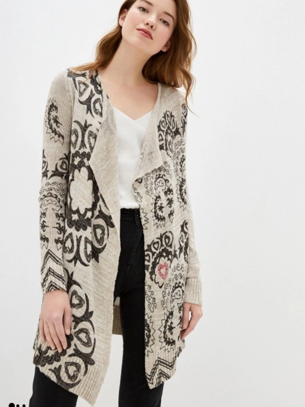 Desigual Cream and Black Open-Front Patterned Cardigan with Subtle Pink Accent